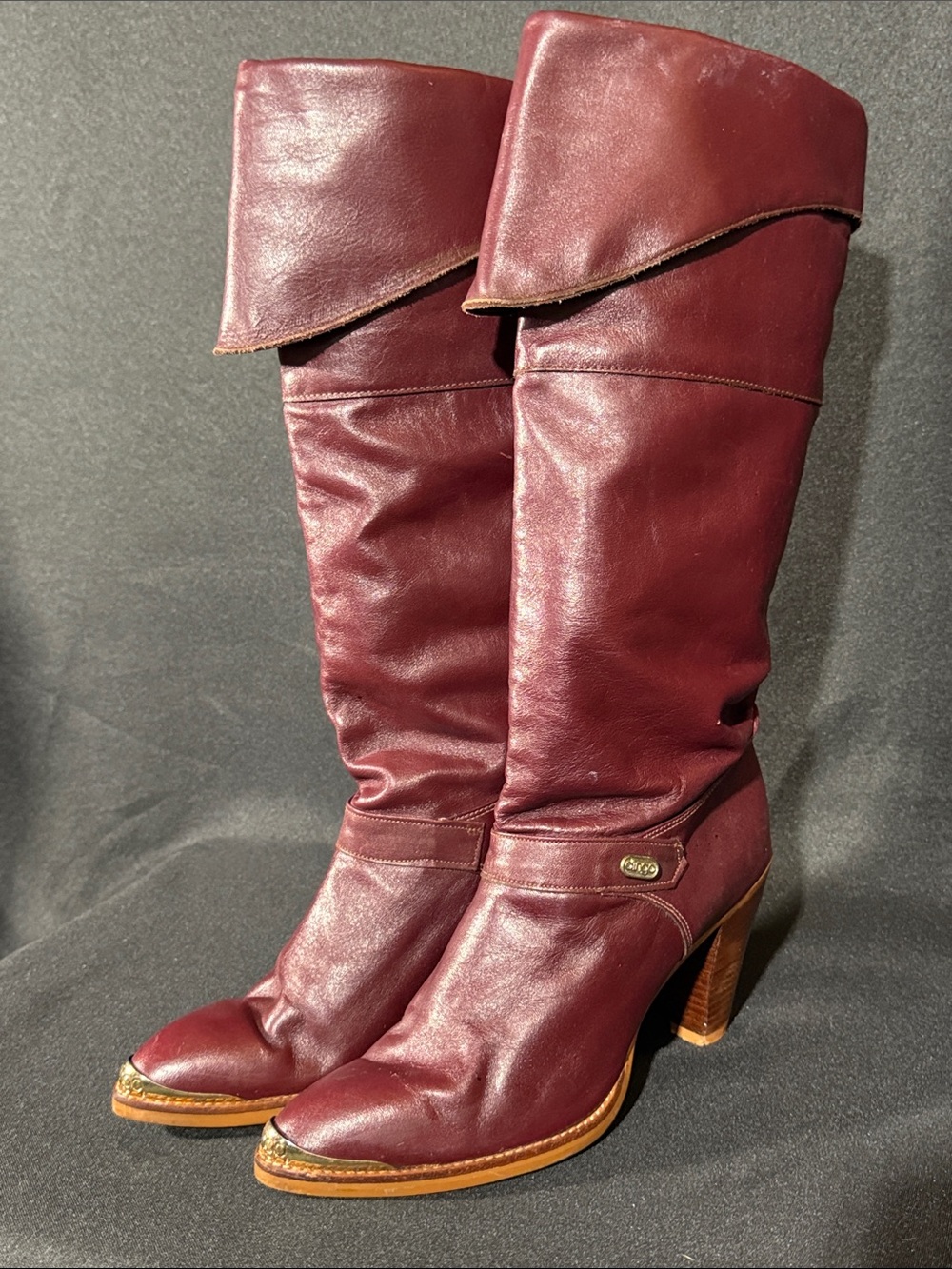 dingo Burgundy Fold-Over Over-the-Knee Leather Boots with Wooden Heel - Picture 1 of 8